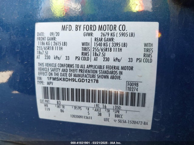 Ford EXPLORER XLT 2020 1FMSK8DH9LGD12178 Image 9