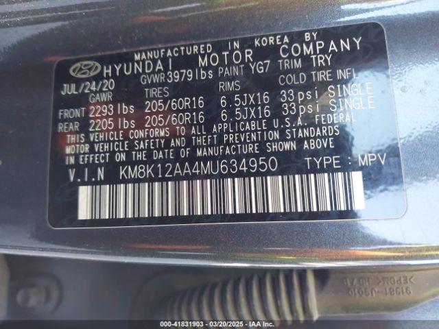 KM8K12AA4MU634950 Hyundai Kona Se