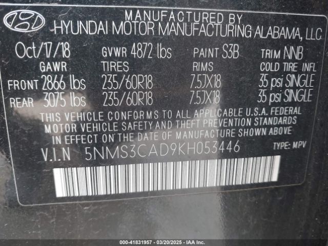 5NMS3CAD9KH053446 Hyundai Santa Fe Sel Plus