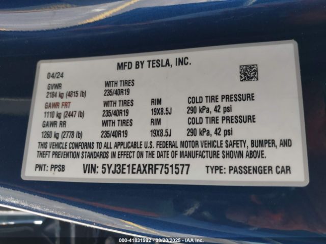 2024 TESLA MODEL 3 5YJ3E1EAXRF751577 Photo 8