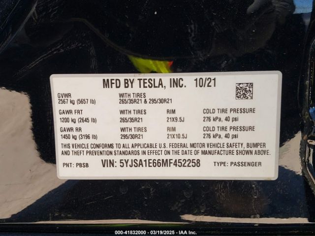 5YJSA1E66MF452258 Tesla Model S Plaid Tri Motor All-wheel Drive