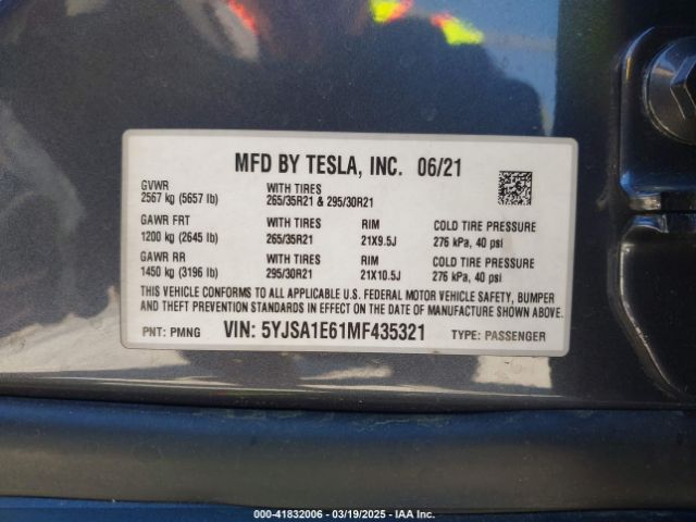 5YJSA1E61MF435321 Tesla Model S Plaid Tri Motor All-wheel Drive