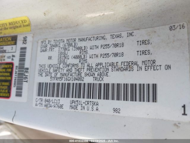 5TFRM5F16GX104082 Toyota Tundra Sr 4.6l V8
