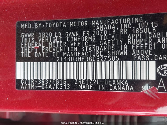 2T1BURHE9GC527505 Toyota COROLLA LE