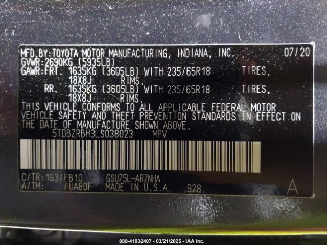5TDBZRBH3LS038023 Toyota Highlander Le