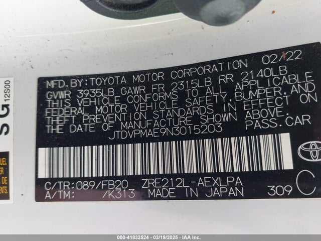 JTDVPMAE9N3015203 Toyota COROLLA LE