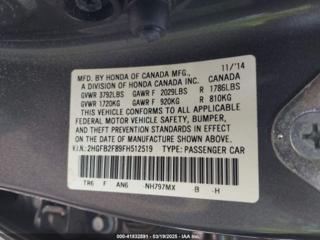 2HGFB2F89FH512519 Honda CIVIC EX