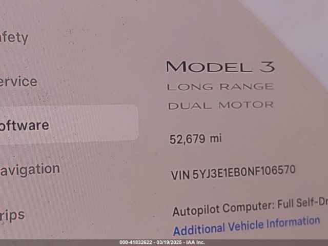 5YJ3E1EB0NF106570 Tesla Model 3 Long Range Dual Motor All-wheel Drive
