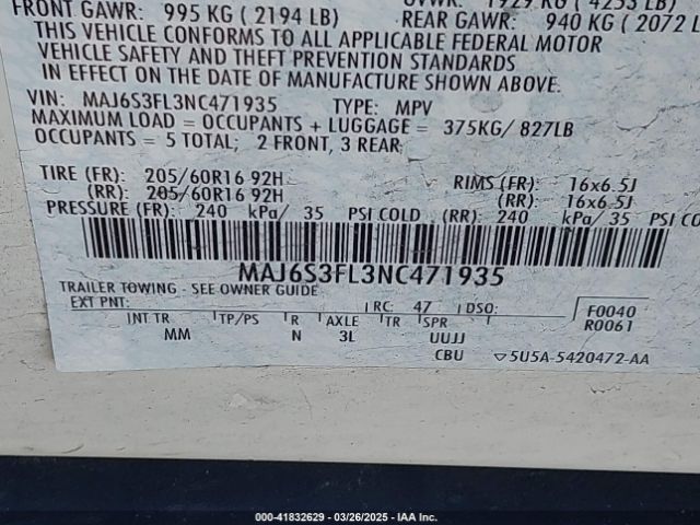 MAJ6S3FL3NC471935 Ford ECOSPORT S
