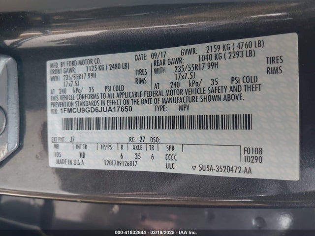 1FMCU9GD6JUA17650 Ford ESCAPE SE