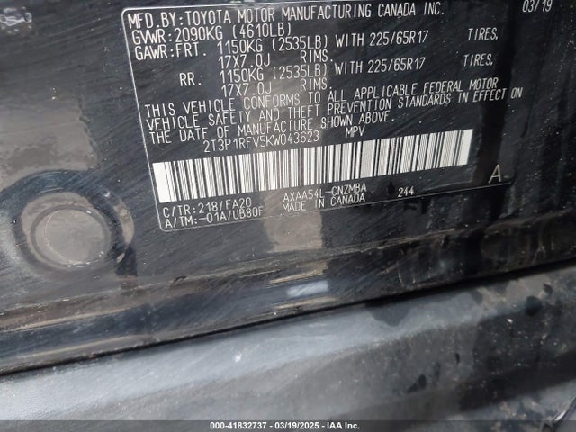 2T3P1RFV5KW043623 Toyota Rav4 Xle