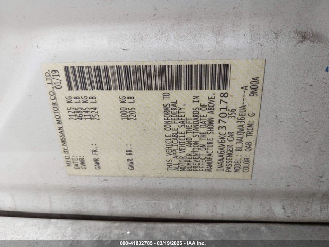 1N4AA6AV6KC370178 Nissan Maxima 3.5 S