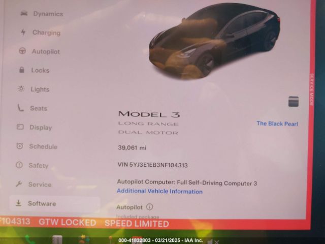 5YJ3E1EB3NF104313 Tesla Model 3 Long Range Dual Motor All-wheel Drive