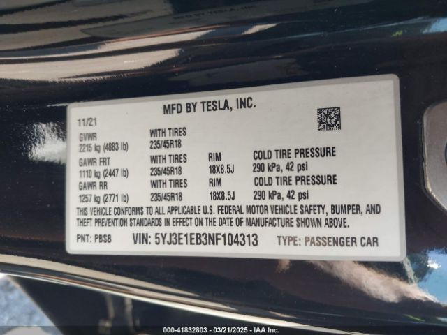 5YJ3E1EB3NF104313 Tesla Model 3 Long Range Dual Motor All-wheel Drive