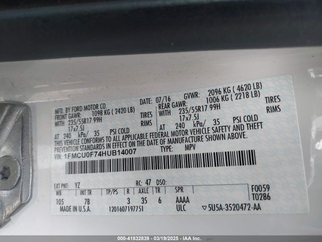 Ford ESCAPE S 2017 1FMCU0F74HUB14007 Image 9
