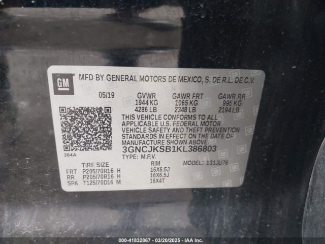 3GNCJKSB1KL386803 Chevrolet TRAX LS
