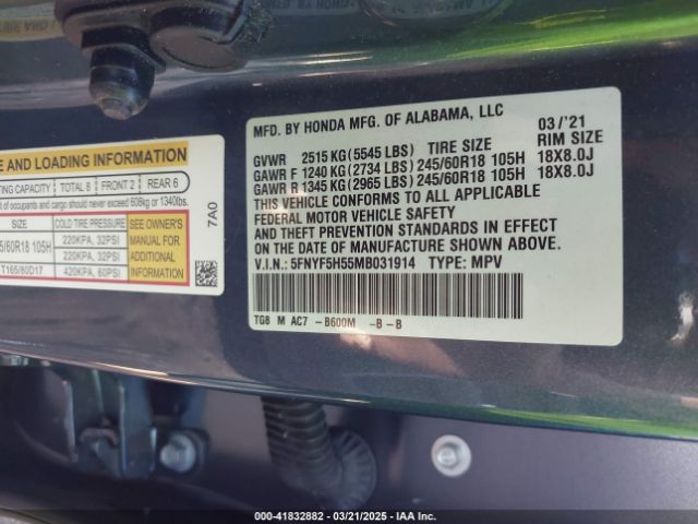 5FNYF5H55MB031914 Honda Pilot 2wd Ex-l