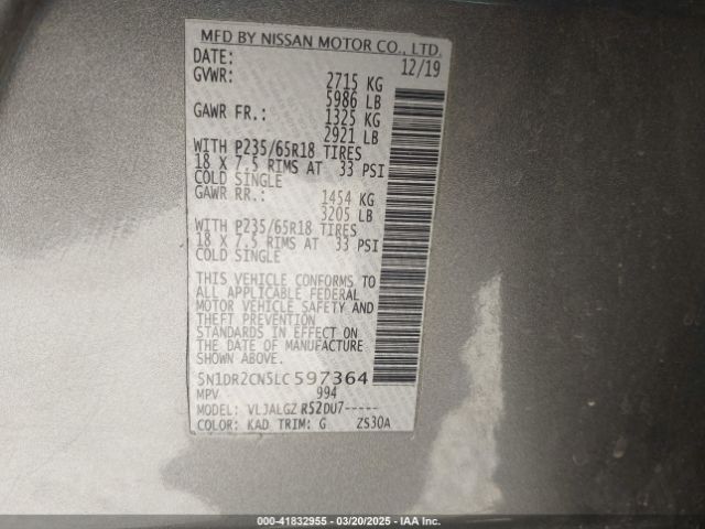 5N1DR2CN5LC597364 Nissan Pathfinder Sl 2wd