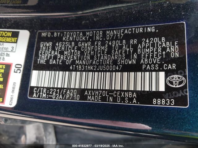 4T1B31HK2JU500047 Toyota Camry Hybrid Le
