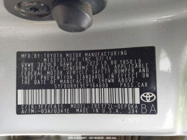 5YFBURHE9EP164698 Toyota COROLLA L