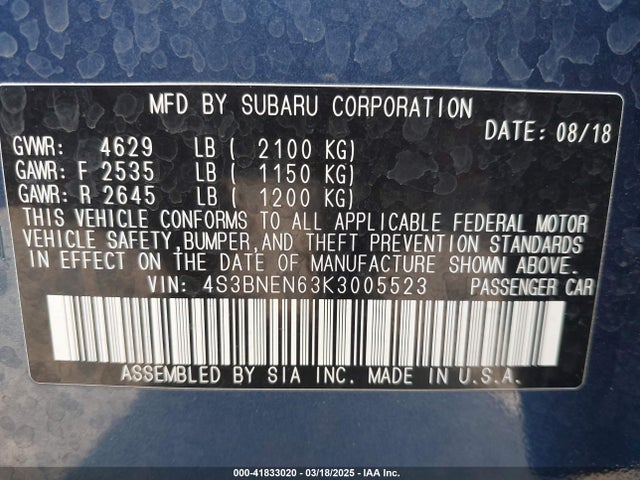Aukcja sprzedaży 2019 Subaru Legacy 3.6r Limited, vin: 4S3BNEN63K3005523, numer aukcji: 41833020
