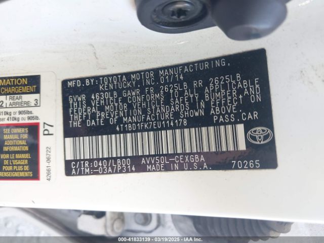 4T1BD1FK7EU114178 Toyota Camry Hybrid Xle