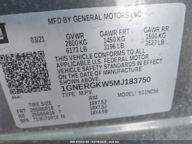 1GNERGKW5MJ183750 Chevrolet Traverse Fwd Lt Cloth