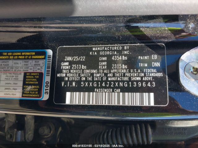 5XXG14J2XNG139643 KIA K5 LXS