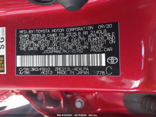 JTDVPMAE7MJ145782 Toyota COROLLA LE