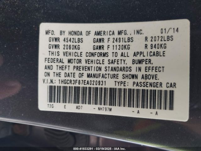 1HGCR3F87EA020931 Honda Accord Ex-l V-6