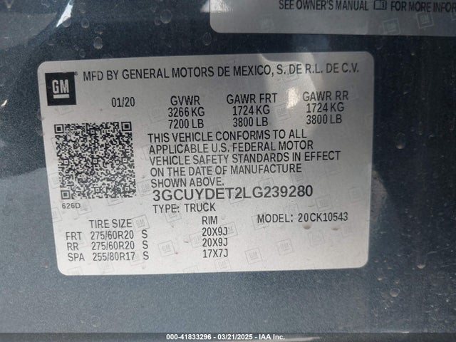 3GCUYDET2LG239280 Chevrolet lm2 - cri, vgt, alum