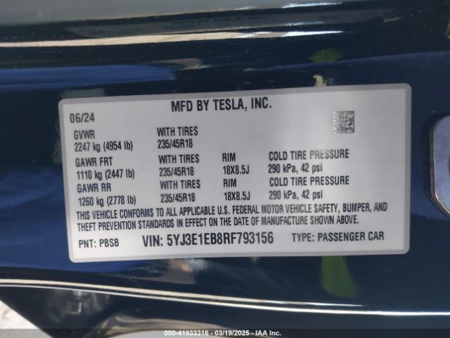 5YJ3E1EB8RF793156 Tesla Model 3 Long Range Dual Motor All-wheel Drive