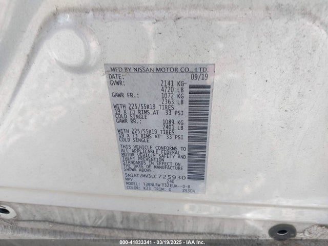5N1AT2MV3LC725930 Nissan Rogue Sl Intelligent Awd
