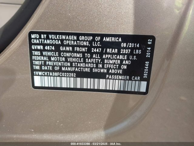 1VWCV7A38FC022252 Volkswagen Passat 2.0l Tdi Sel Premium