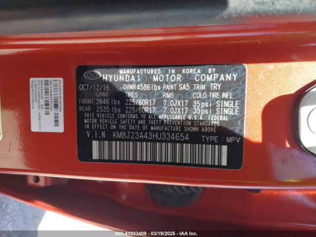 KM8J23A43HU334654 Hyundai TUCSON SE