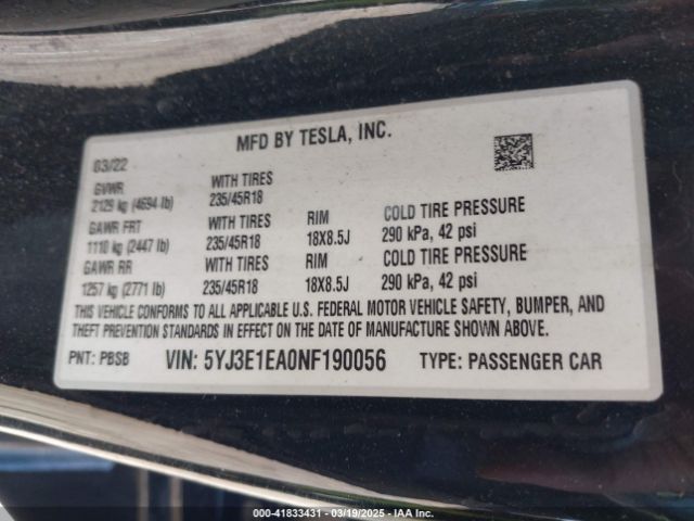 5YJ3E1EA0NF190056 Tesla Model 3 Rear-wheel Drive
