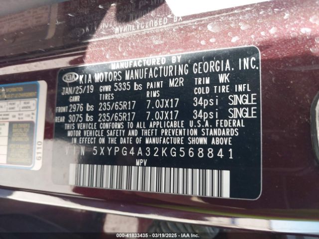 5XYPG4A32KG568841 KIA Sorento 2.4l Lx