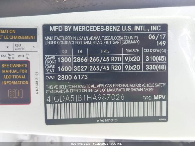 4JGDA5JB1HA987026 Mercedes-Benz GLE 350