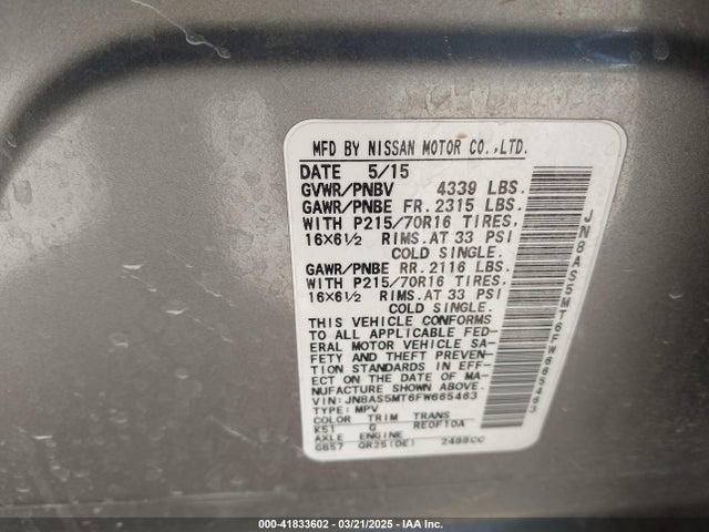 JN8AS5MT6FW665463 Nissan Rogue Select S