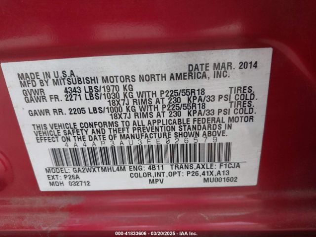 4A4AP3AU3EE026579 Mitsubishi Outlander Sport Es