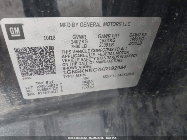 1GNSKHKC7KR192984 Chevrolet Suburban Lt