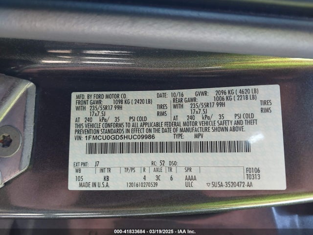 41833684 :رقم المزاد ، 1FMCU0GD5HUC09986 vin ، 2017 Ford Escape Se مزاد بيع