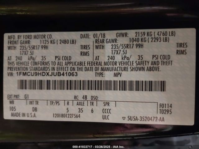 1FMCU9HDXJUB41063 Ford ESCAPE SEL