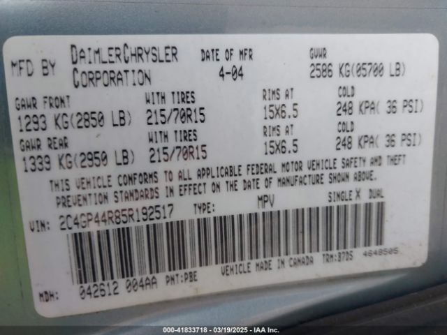 2005 CHRYSLER TOWN & COUNTRY 2C4GP44R85R192517 Photo 8