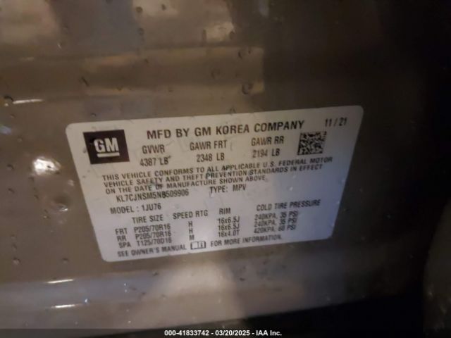 KL7CJNSM5NB509906 Chevrolet Trax Awd Ls