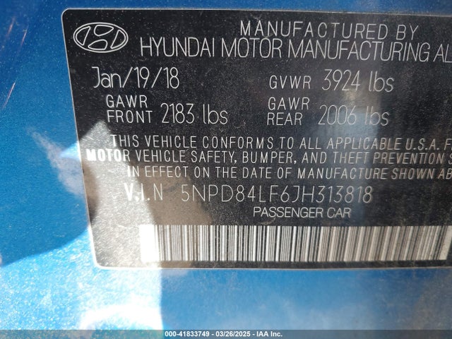 5NPD84LF6JH313818 Hyundai ELANTRA SEL