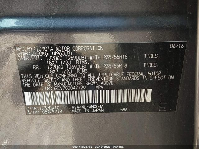 JTMDJREV7GD047729 Toyota Rav4 Hybrid Limited