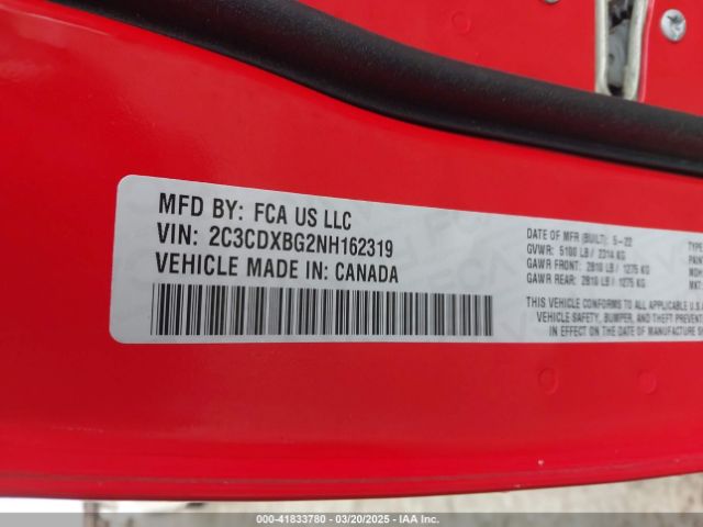2C3CDXBG2NH162319 Dodge Charger Sxt Rwd