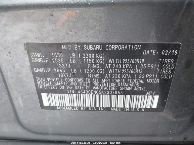 4S4BSENC5K3307955 Subaru Outback 3.6r Limited