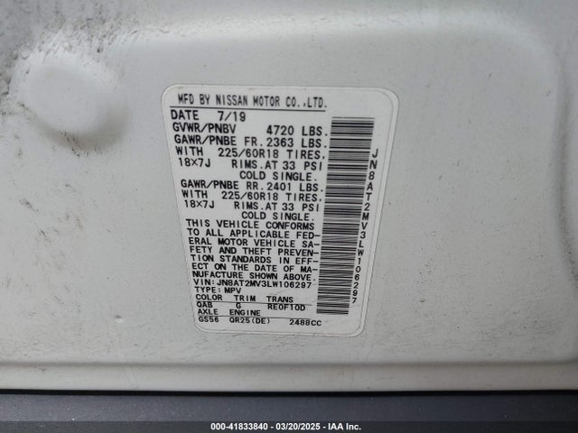 JN8AT2MV3LW106297 Nissan Rogue Sv Intelligent Awd